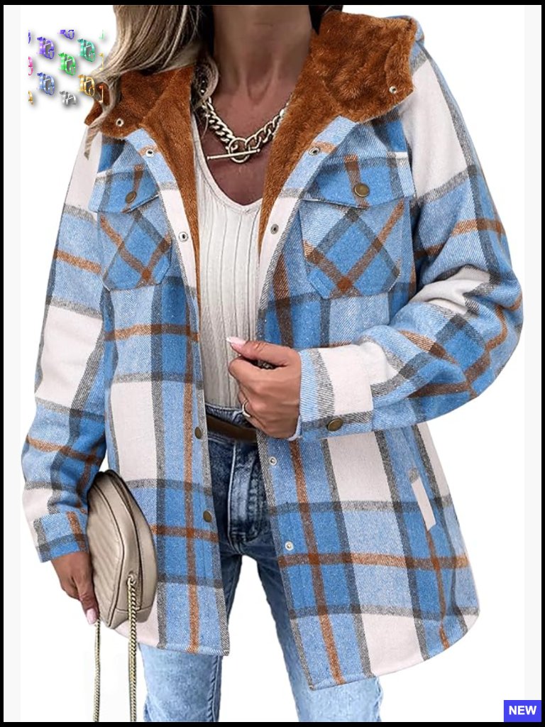 Plaid Shacket Jacket Long Sleeve Fleece Hooded Warm Winter Coat Oversized